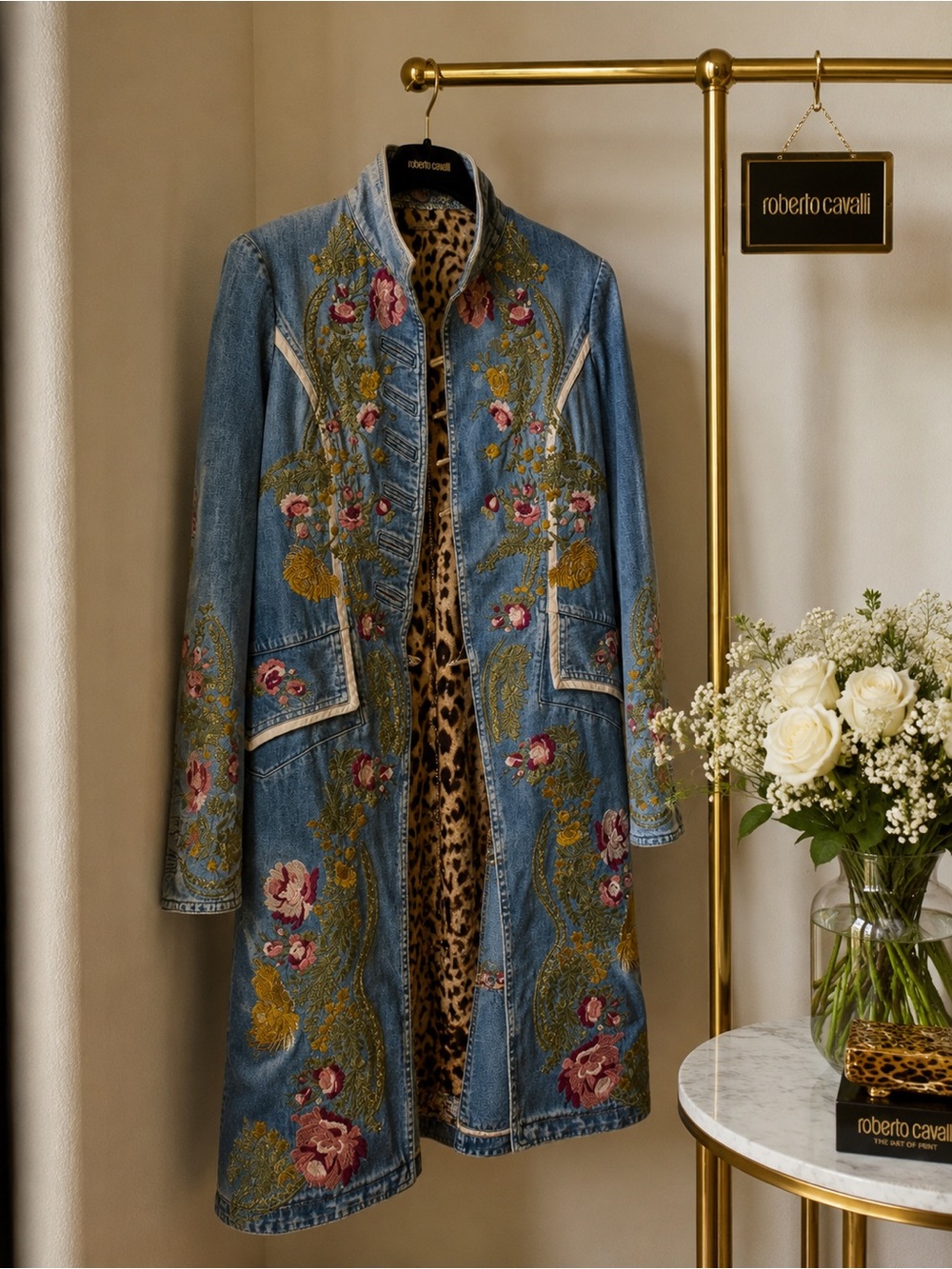 Roberto Cavalli Embroidered Blue Denim Coat with Leopard Lining vintage - Picture 1 of 11